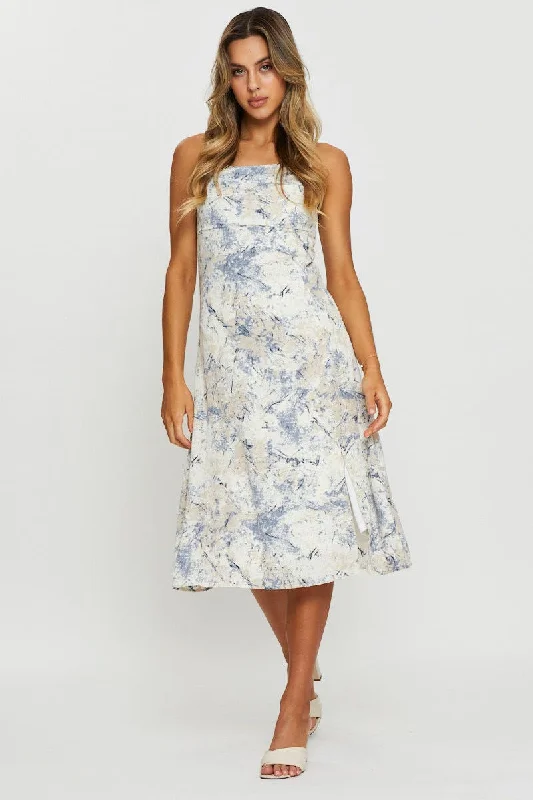 Print Slip Dress Midi Trendy Smocked Waist Midi Dress