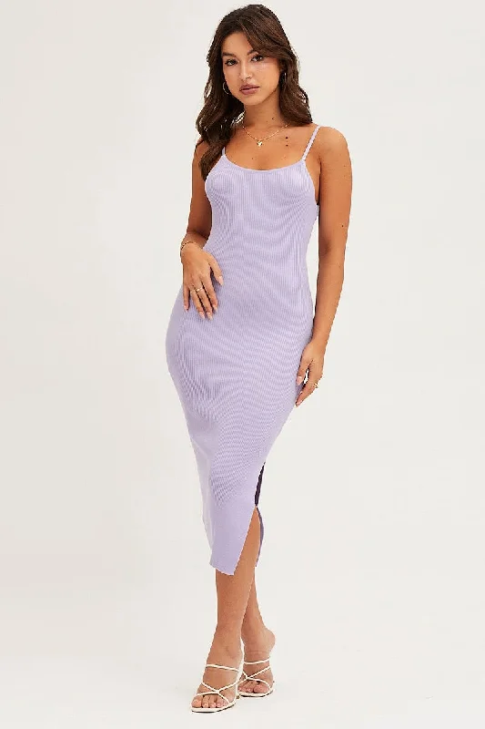 Purple Knit Dress Midi Trendy Mock Neck Midi Dress