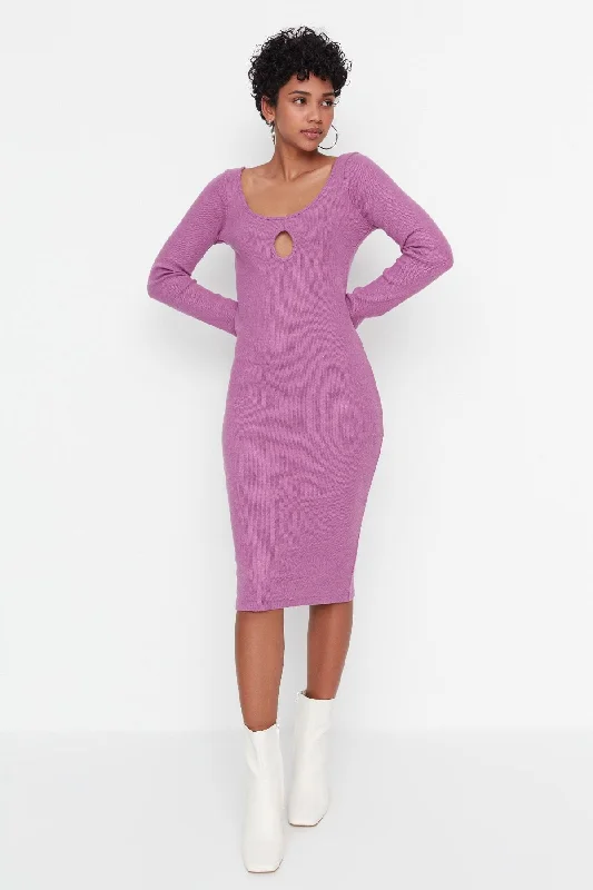 Purple Knit Midi Cut out Dress Fashionable One-Shoulder Midi Dress