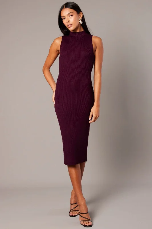 Red High Neck Knit Dress Midi Trendy Ruffle Hem Midi Dress