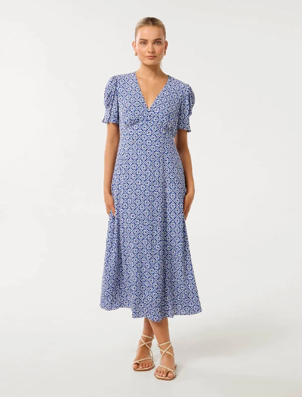 Saffron Printed Midi Sun Dress Trendy Square Neck Midi Dress
