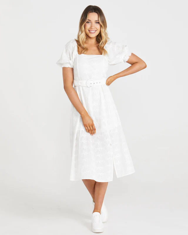 SASS ASHER MIDI BELTED DRESS WHITE Comfortable Draped Midi Dress
