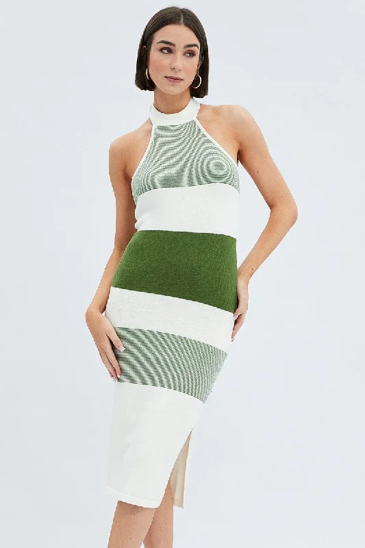 Stripe Knit Dress Evening Midi Trendy Knit Midi Dress