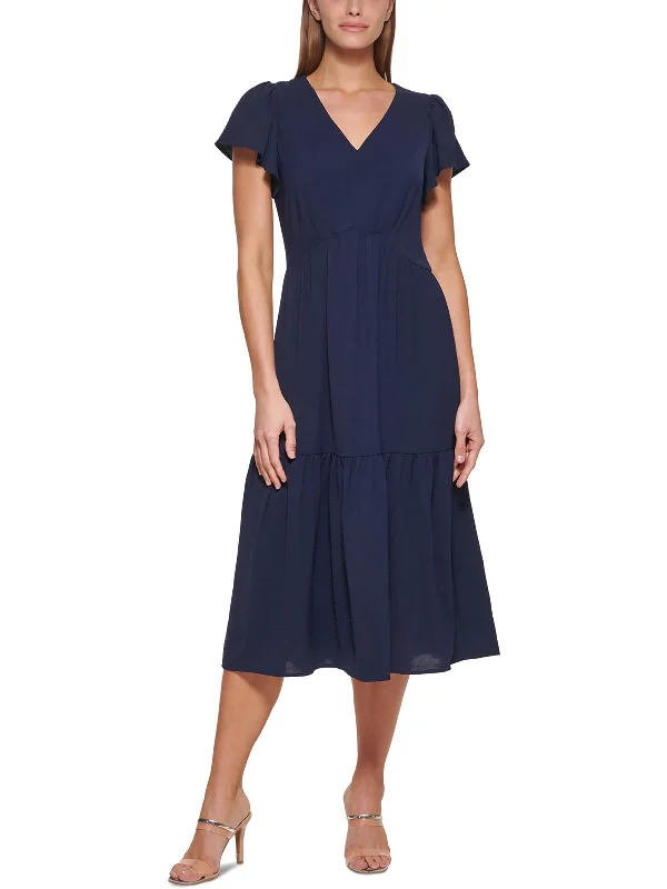 Womens Crinkle Midi Fit & Flare Dress Trendy Smocked Detail Midi Dress