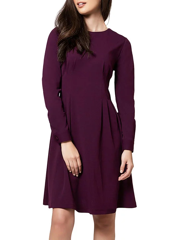 Womens Pleated Midi Fit & Flare Dress Elegant Floral Appliqué Midi Dress