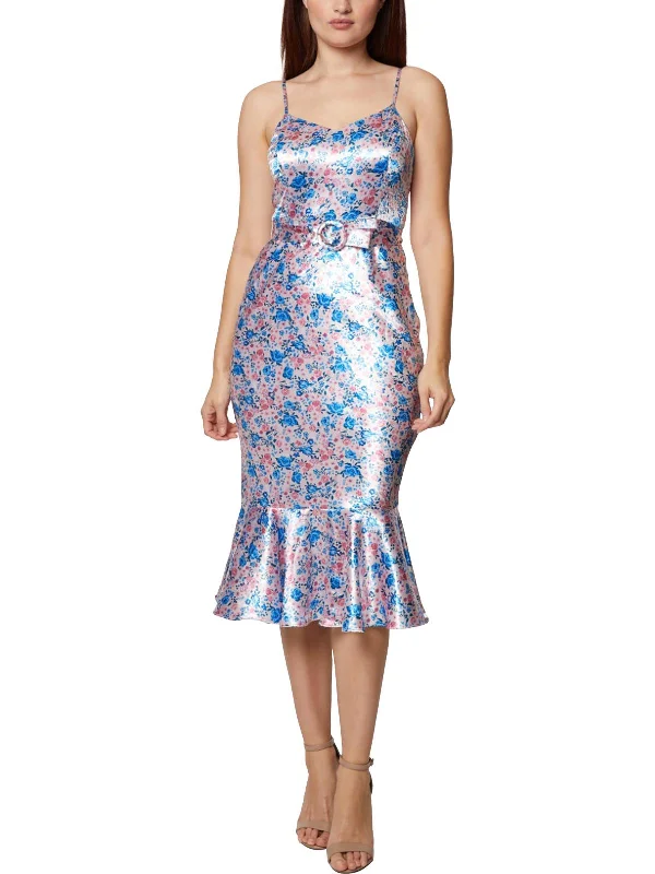 Womens Satin Midi Fit & Flare Dress Fashionable Shift Midi Dress