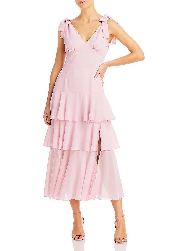 Womens Tiered Midi Fit & Flare Dress Elegant Puff Sleeve Midi Dress