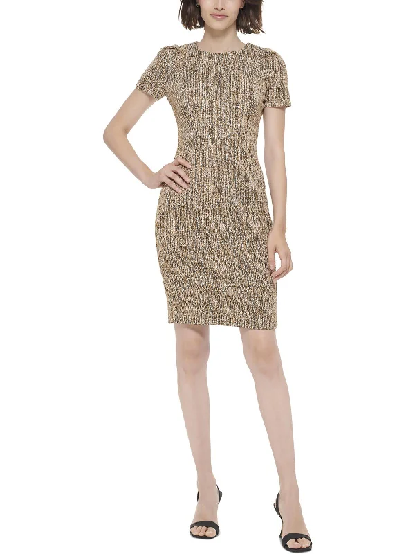 Womens Tweed Midi Sheath Dress Elegant Floral Appliqué Midi Dress