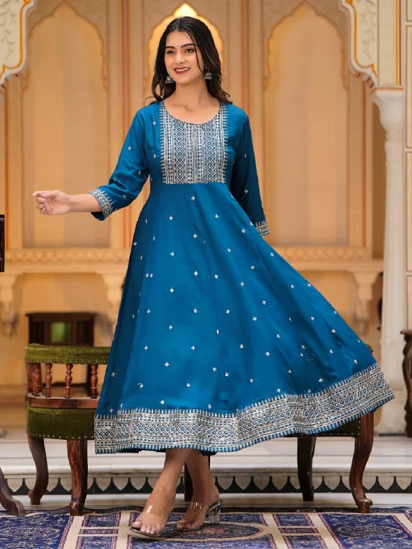 Women Ethnic Motif Embroidered Sequined Fit  Flare Midi Ethnic Dress Cozy T-shirt Midi Dress