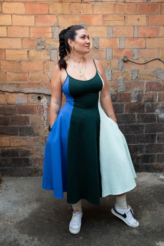 Asri Dress Midi Petite in All the Greens and Blue Trendy Knit Midi Dress
