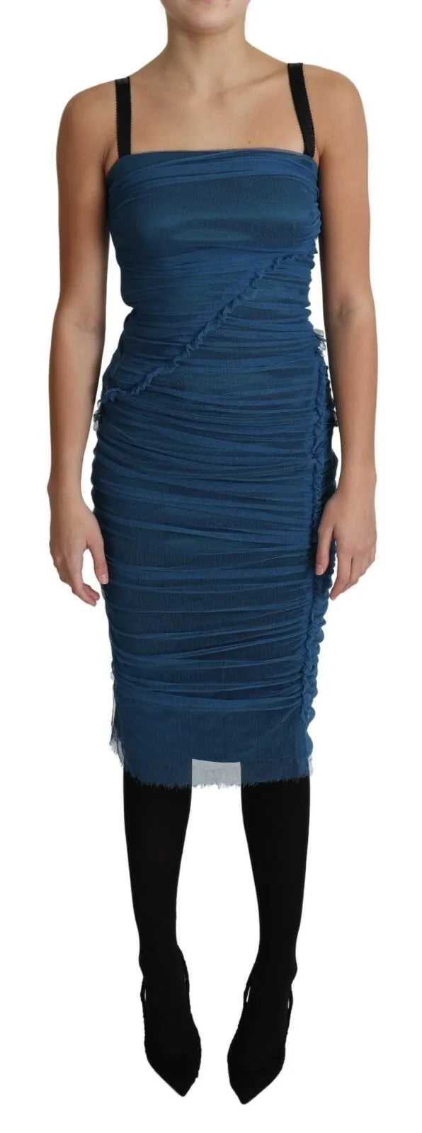 Blue Draped Tulle Midi Sheath Cotton Dress Fashionable High-Neck Midi Dress