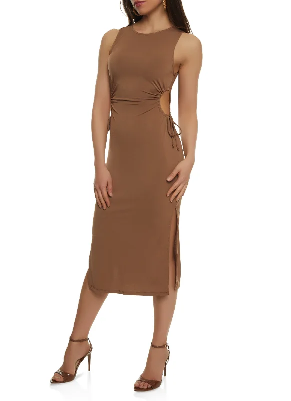Side Slit Drawstring Cut Out Midi Tank Dress Cozy Midi Dress with Pockets