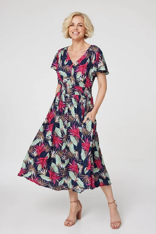 Leaf Print  Midi Skater Dress Cozy A-Line Midi Dress