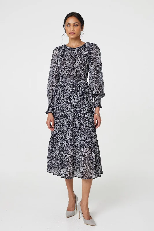 Paisley Long Puff Sleeve Midi Smock Dress Comfortable Empire Waist Midi Dress