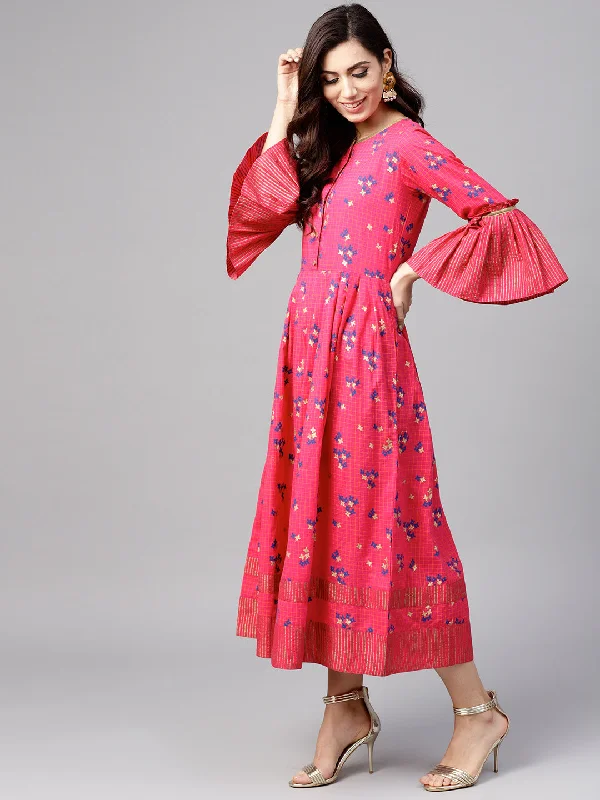 Women Pink and blue printed woven midi A-line dress Stylish Button-Up Midi Dress