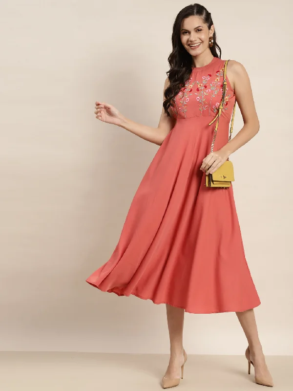 Embroidered A-Line Midi Women Dress Trendy Flared Sleeve Midi Dress