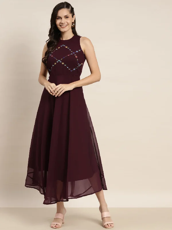 Embroidered A-Line Midi Women Dress Comfortable Denim Midi Dress