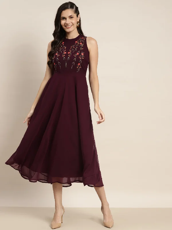 Embroidered A-Line Midi Women Dress Elegant Maxi-Midi Hybrid Dress