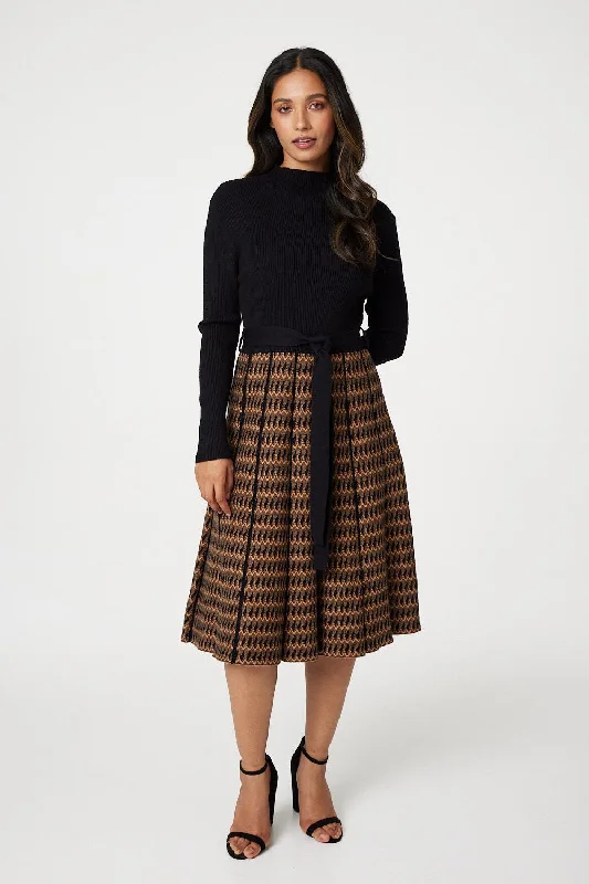 High Neck Midi Skater Knit Dress Fashionable One-Shoulder Midi Dress