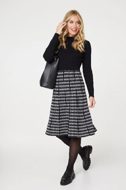 Houndstooth Midi Knit Dress Trendy Midi Dress with Belt