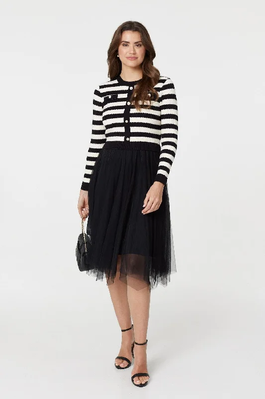 2-In-1 Dress With Striped Top & Midi Mesh Skirt Fashionable Polka Dot Midi Dress