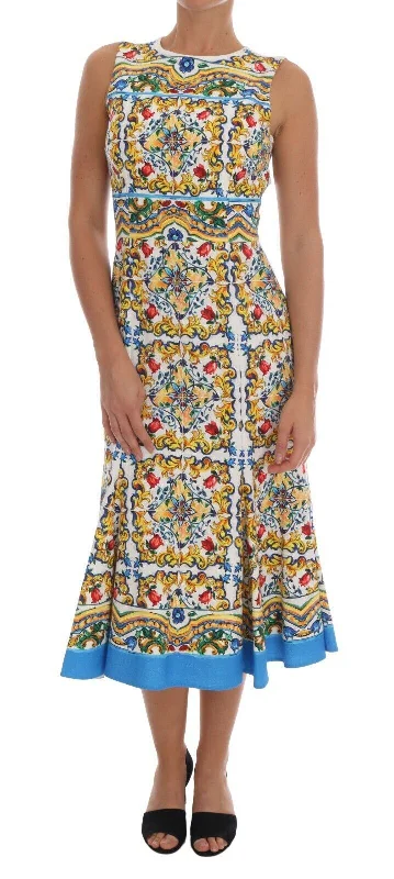 Majolica Print Midi Sheath Dress Fashionable Sheer Sleeve Midi Dress