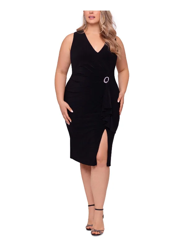 Plus Womens Rhinestone-Pin V-Neck Midi Sheath Dress Elegant Sleeveless Midi Dress