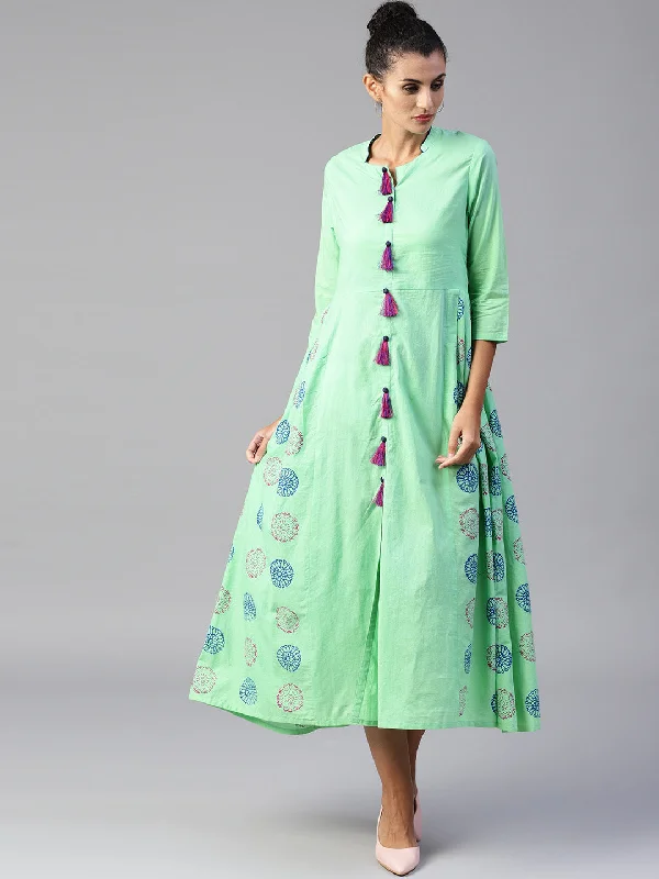 Women Sea green printed woven midi fit and flare dress Chic Lace Detail Midi Dress