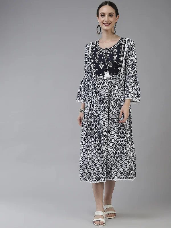 Women's Navy Blue And White Embroidery Midi Length Dress - Yufta Fashionable Floral Embroidery Midi Dress