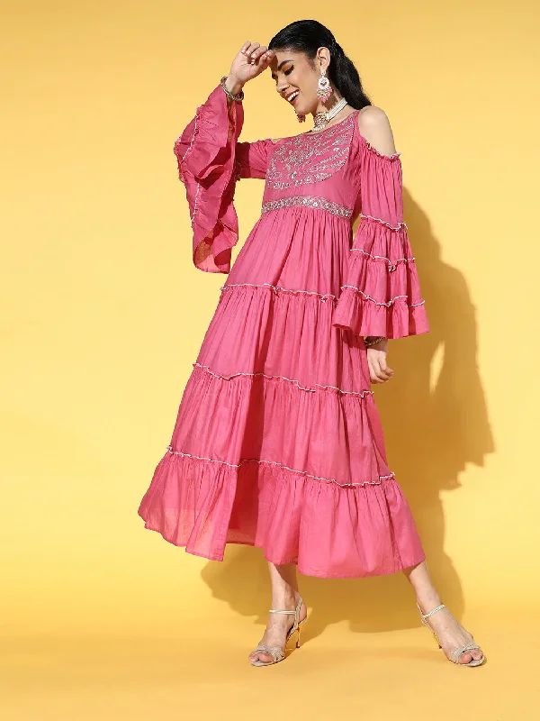Women's Pink & Silver Cotton Ethnic Motifs Yoke Embroidered Midi Tiered Fit & Flare Dress - Yufta Trendy Off-Shoulder Ruffle Midi Dress