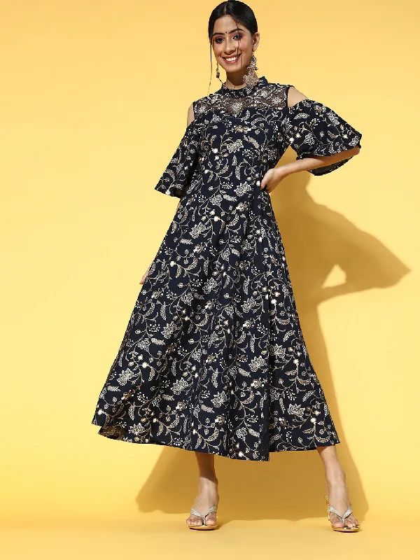 Women's Navy Blue & Beige Cotton Ethnic Motifs Print Midi Fit & Flare Dress - Yufta Elegant Satin Slip Midi Dress
