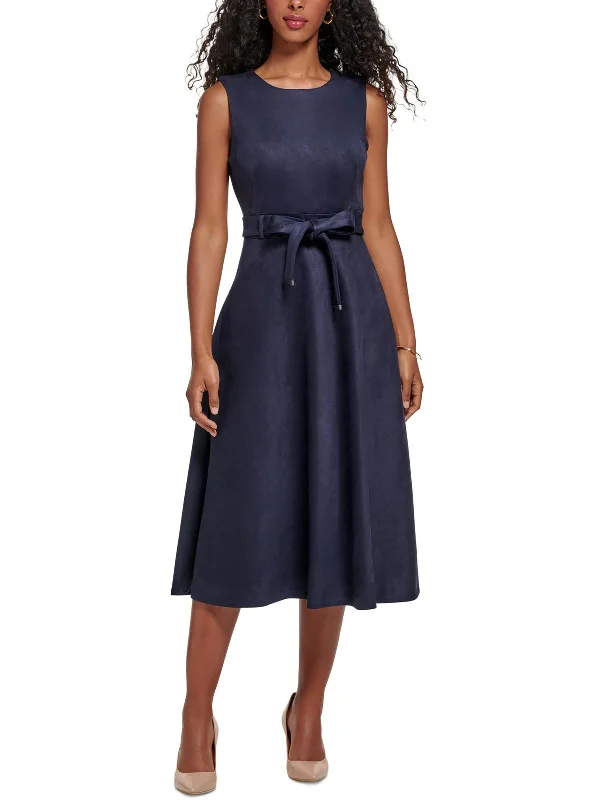 Womens Faux Suede Midi Wear to Work Dress Comfortable Fit-and-Flare Midi Dress