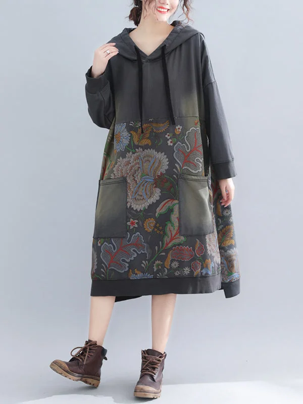 Jo V-Neck Hooded Sweatshirt Floral Prints Shift Dress Hoodie with Rolled Sleeves Casual Relaxed Jo V-Neck Hooded Sweatshirt Floral Prints Shift Dress Hoodie with Rolled Sleeves Casual Relaxed