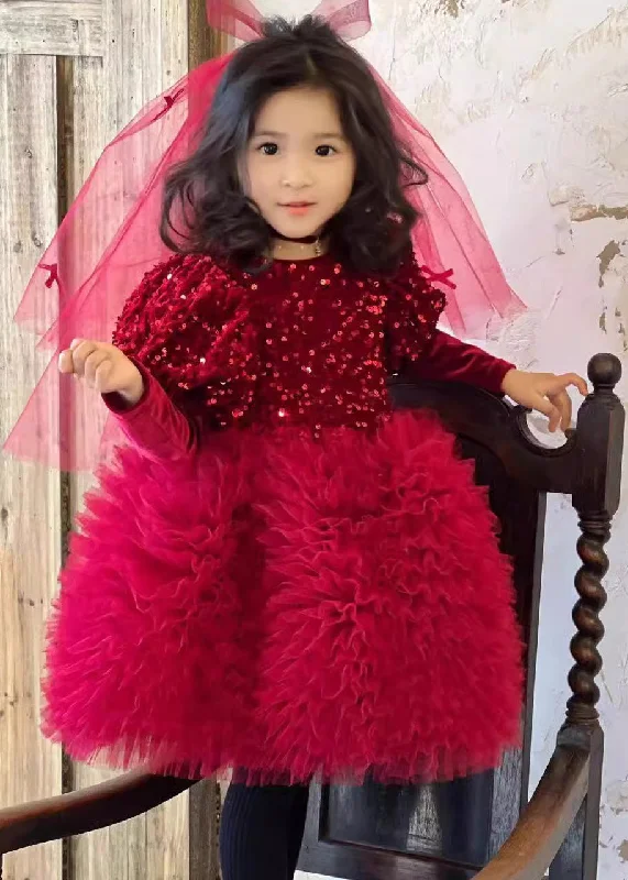 Stylish Red Silk Velour Sequins Tulle Kids Long Dress Winter RP031 Tunics Lace romantic Stylish Red Silk Velour Sequins Tulle Kids Long Dress Winter RP031 Tunics Lace romantic