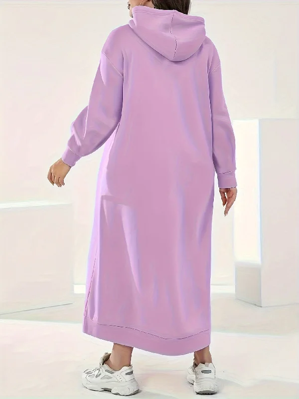 Plus Size Solid Hooded Sweatshirt Dress, Casual Long Sleeve Drawstring Kangaroo Pocket Maxi Dress For Fall & Winter, Women's Plus Size Clothing Hoodie with Zipper Placket Modern Functional Plus Size Solid Hooded Sweatshirt Dress, Casual Long Sleeve Drawstring Kangaroo Pocket Maxi Dress For Fall & Winter, Women's Plus Size Clothing Hoodie with Zipper Placket Modern Functional