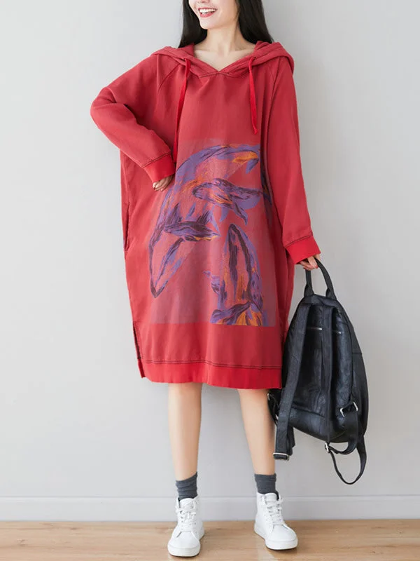 Loose Ethnic Floral Hooded Sweatshirt Dress Hoodie with Set-In Sleeves Structured Classic Loose Ethnic Floral Hooded Sweatshirt Dress Hoodie with Set-In Sleeves Structured Classic