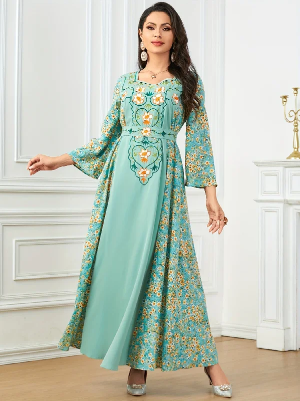 Floral Embroidered Tie Back Maxi Dress - Exquisitely Embroidered, Adjustable Tie Back, Comfortable Long Sleeves, Classic Square Neckline, Flowy Swing Design - Elegant Womens Clothing for Formal Occasions or Everyday Wear Tunics Fleece cozy Floral Embroidered Tie Back Maxi Dress - Exquisitely Embroidered, Adjustable Tie Back, Comfortable Long Sleeves, Classic Square Neckline, Flowy Swing Design - Elegant Womens Clothing for Formal Occasions or Everyday Wear Tunics Fleece cozy