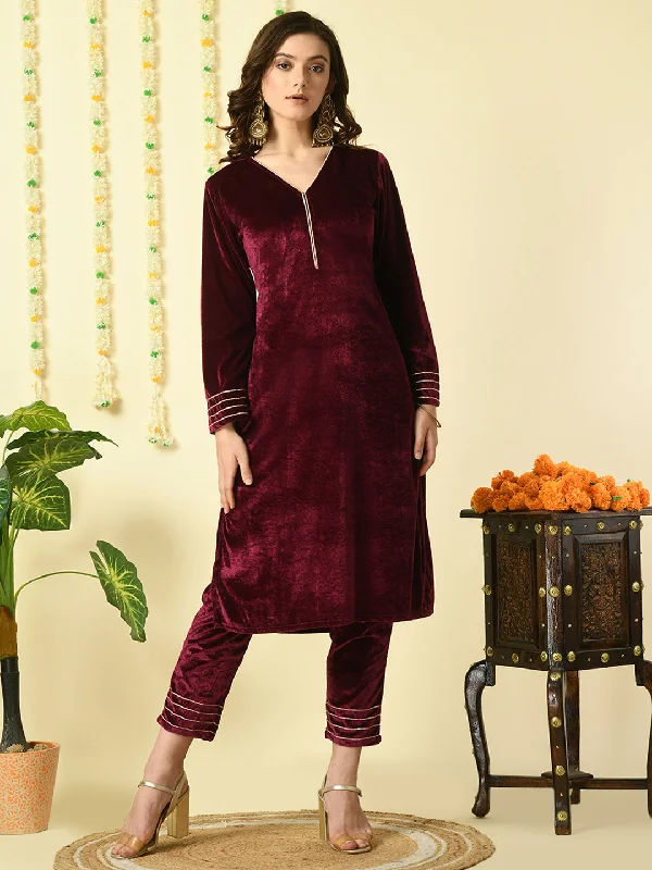 Women's Magenta Velvet Kurta With Trousers Party Sets - Myshka Trousers Palazzo Wide Leg Women's Magenta Velvet Kurta With Trousers Party Sets - Myshka Trousers Palazzo Wide Leg