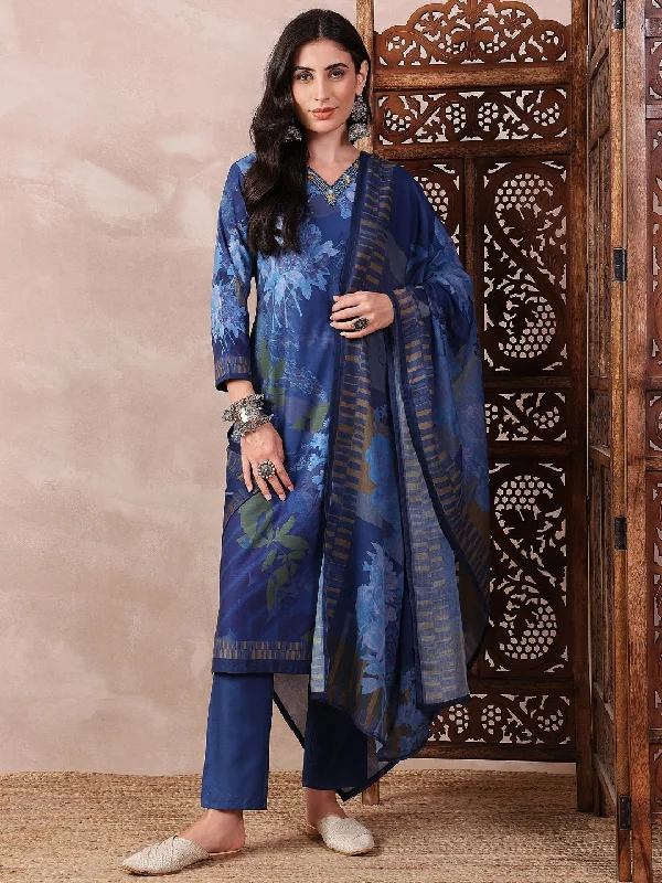 Women's Blue Silk Blend Floral Printed Straight Kurta Trouser With Dupatta - Ahika Trousers Chinos Classic Women's Blue Silk Blend Floral Printed Straight Kurta Trouser With Dupatta - Ahika Trousers Chinos Classic