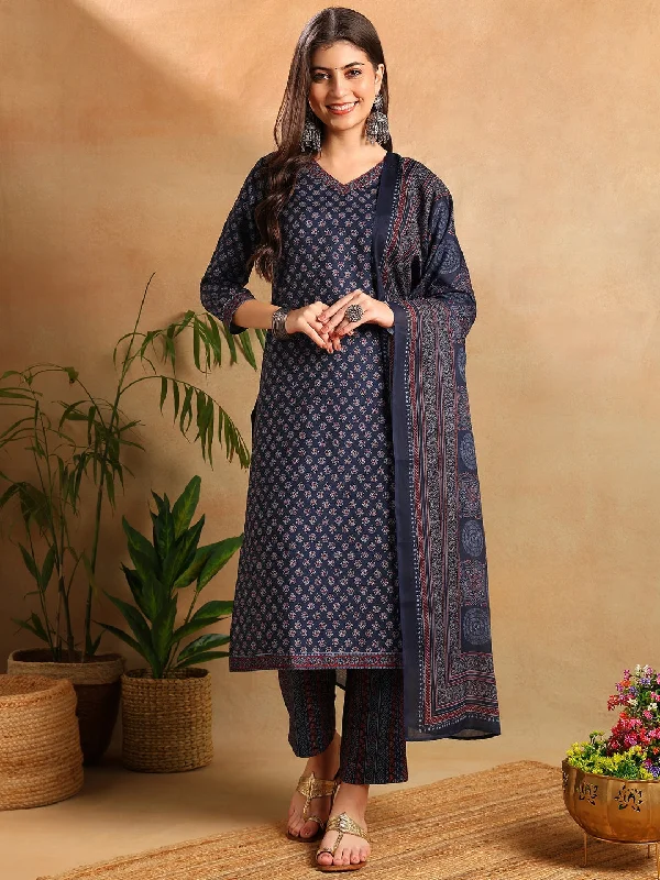 Women's Navy Blue Poly Rayon Ajrakh Printed Straight Kurta Trouser With Dupatta - Ahika Trousers Cargo pockets Women's Navy Blue Poly Rayon Ajrakh Printed Straight Kurta Trouser With Dupatta - Ahika Trousers Cargo pockets
