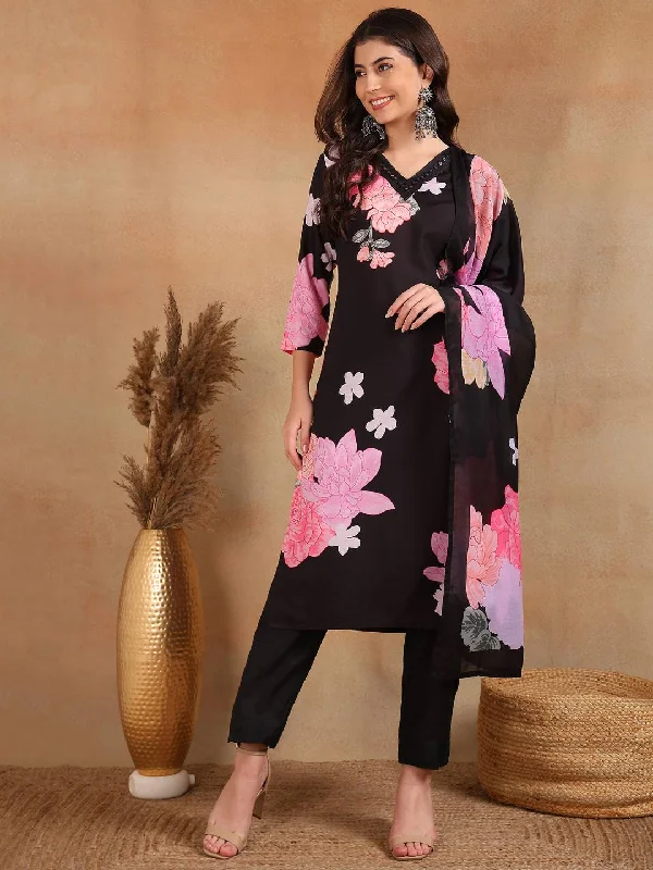Women's Black Cotton Blend Floral Printed Straight Kurta Trouser With Dupatta - Ahika Trousers Corduroy Warm Women's Black Cotton Blend Floral Printed Straight Kurta Trouser With Dupatta - Ahika Trousers Corduroy Warm