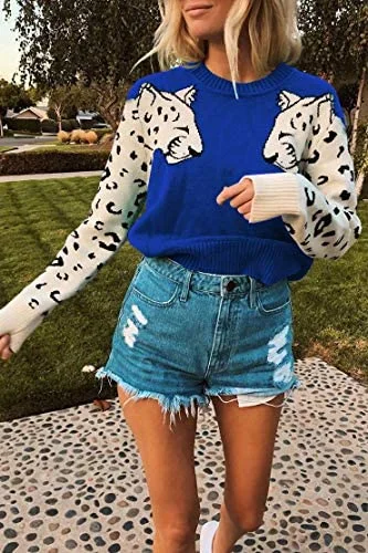 Casual Leopard Printed Patchwork Long Sleeves Knitted Pullover Cropped Sweater Boat Neck Sweater Casual Leopard Printed Patchwork Long Sleeves Knitted Pullover Cropped Sweater Boat Neck Sweater