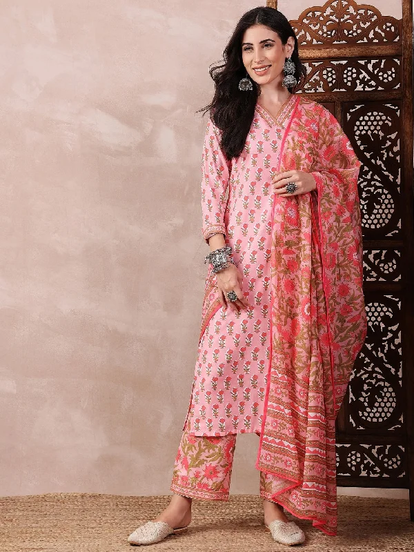 Women's Pink Rayon Blend Floral Printed Straight Kurta Trouser With Dupatta - Ahika Trousers Fleece Cozy Women's Pink Rayon Blend Floral Printed Straight Kurta Trouser With Dupatta - Ahika Trousers Fleece Cozy