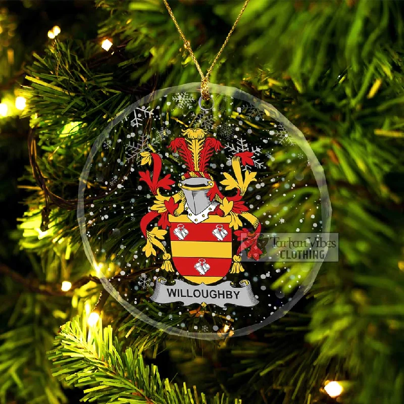 Willoughby Irish Clan Christmas Glass Ornament with Coat of Arms Chenille Brocade Lace Willoughby Irish Clan Christmas Glass Ornament with Coat of Arms Chenille Brocade Lace