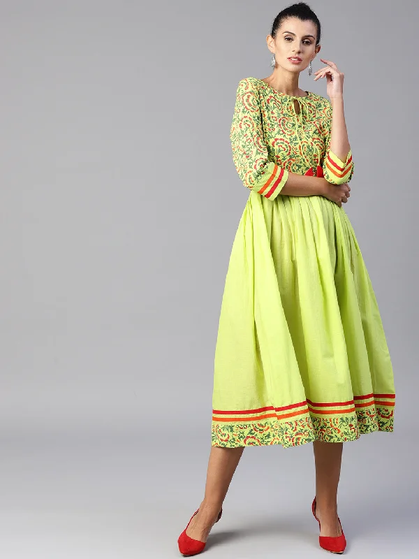 Women's Green And Red Printed Woven Midi Fit And Flare Dress - Noz2Toz Elegant Velvet Midi Dress